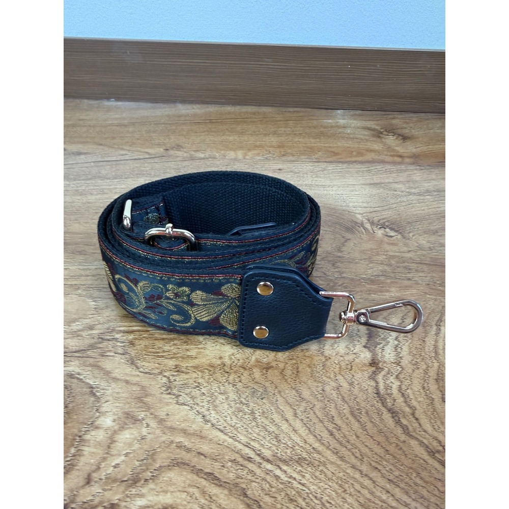Black Floral Brocade Embroidered Guitar Strap for Handbag Gold Hardware Wide
